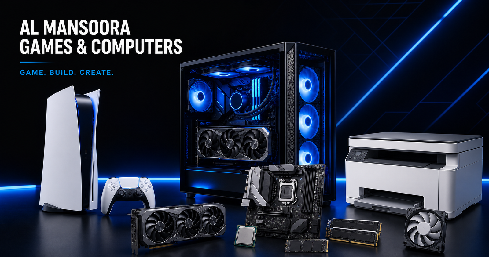 Gaming computer components, PlayStation console and printer